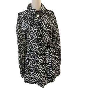 H&M Divided Trench Coat Size 8 Black White Animal Print Belted Double Breasted